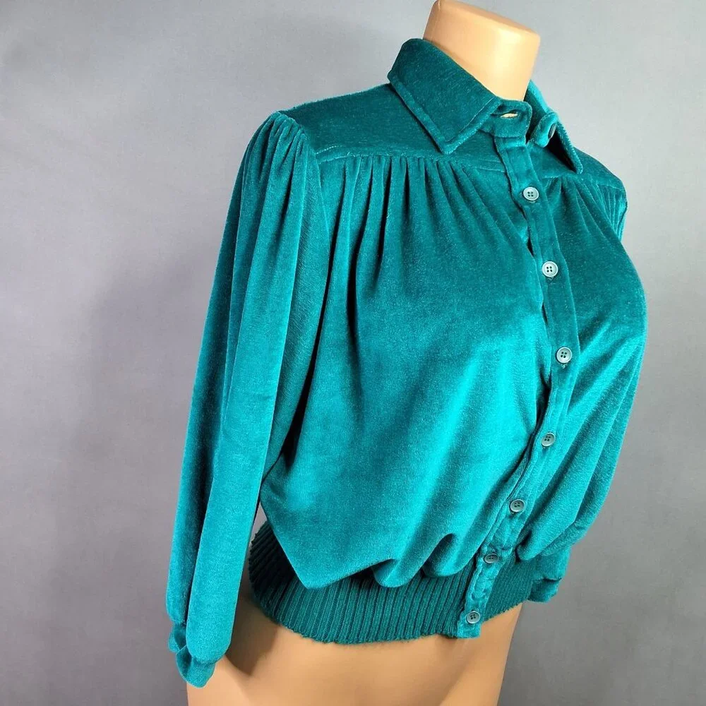 Vintage Fashion Bug 70/80's Teal Velour Button Up Top Ribbed Band 3/4 Sleeve Med - Picture 3 of 10